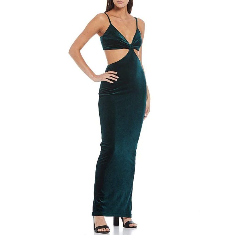 Gianni Bini Yelena Velvet Cut Out Back Slit Maxi Dress in Hunter Green NWT